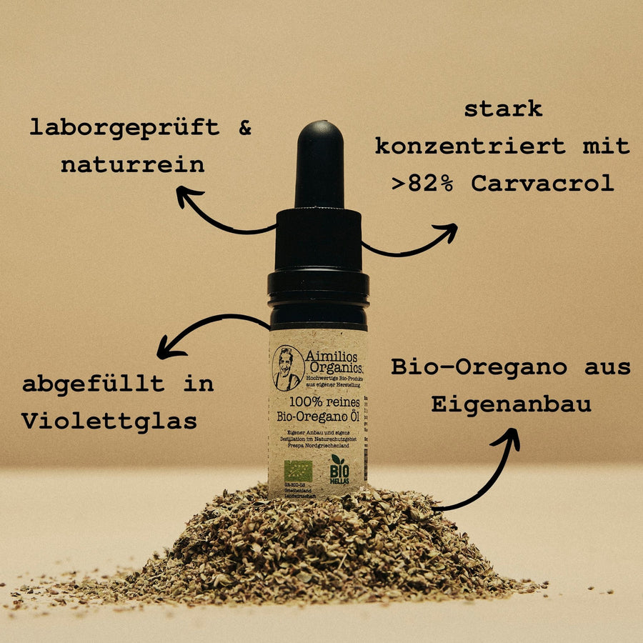 Aimilios Organics Naturreines Bio Oregano Öl Produktbild mit Text