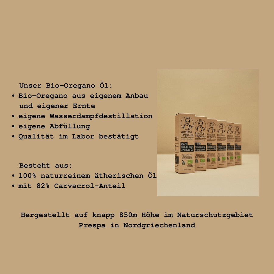 Aimilios Organics Naturreines Bio Oregano Öl Produktbild mit Text